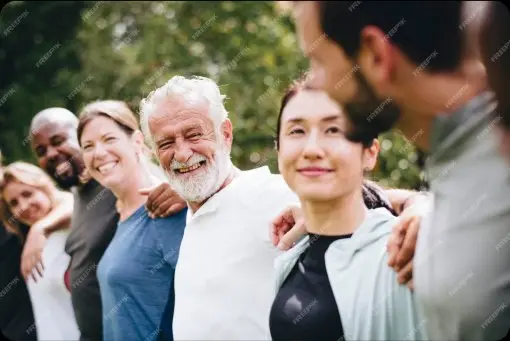 People smiling with arms around each other