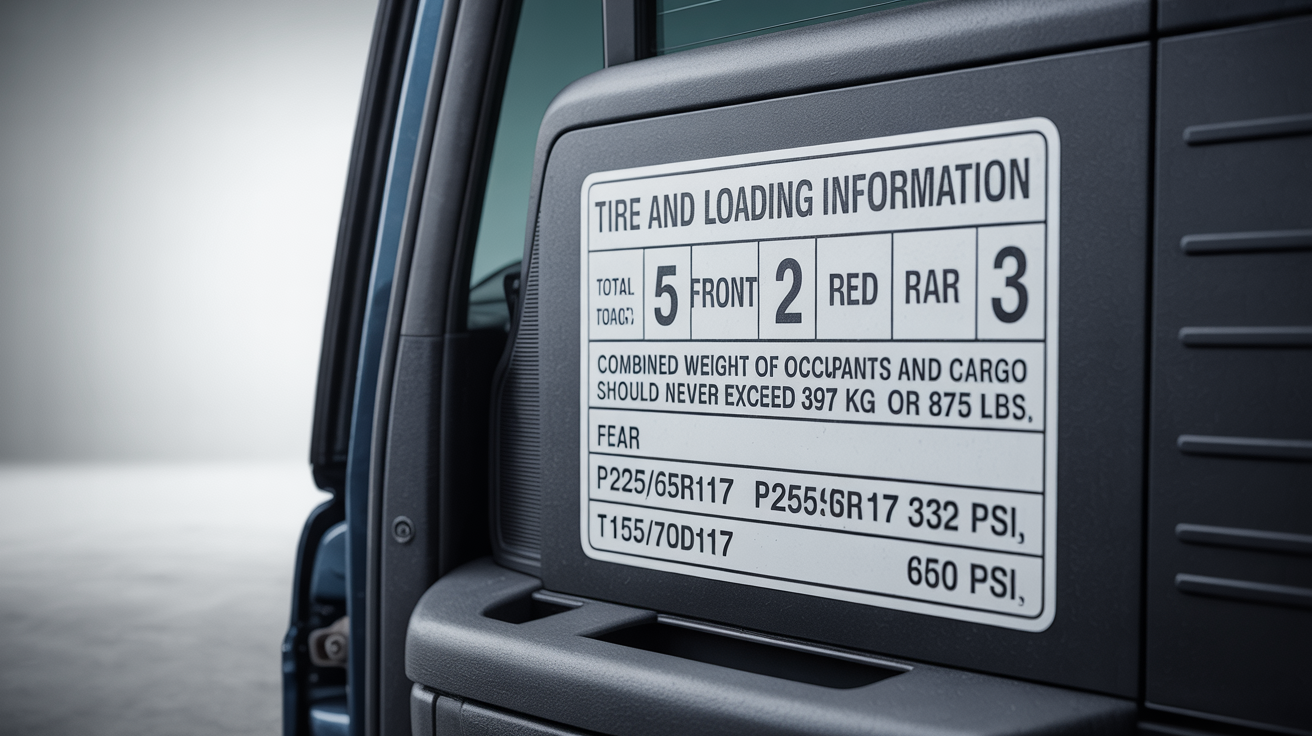 Example tire and loading information placard β driver-side door jamb. Illustrative reference; consult your own vehicle's placard for actual specifications.