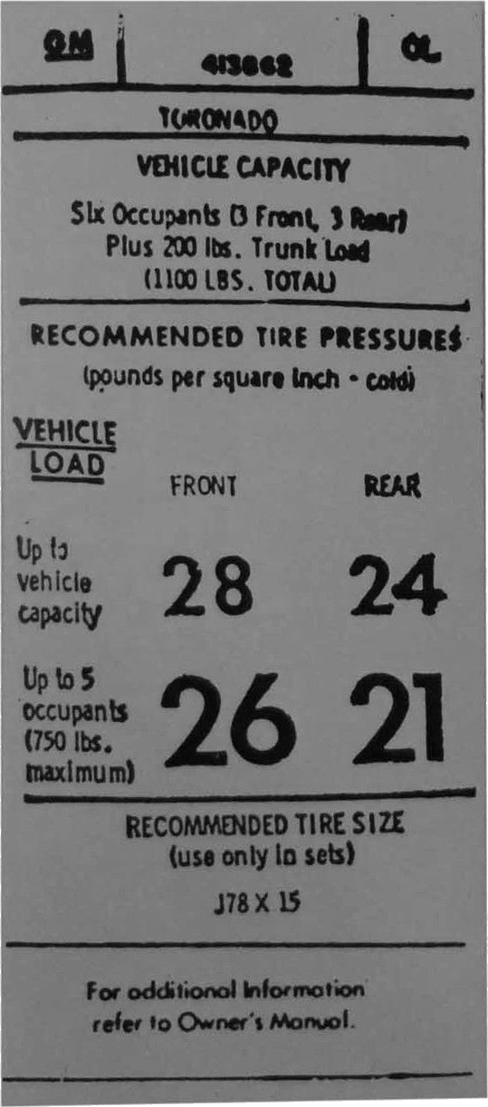 A vehicle tire pressure information placard. Vehicle manufacturers print the recommended cold tire pressure for each axle on a label inside the driver-side door jamb. (1973 Oldsmobile Toronado placard via Wikimedia Commons, public domain.)